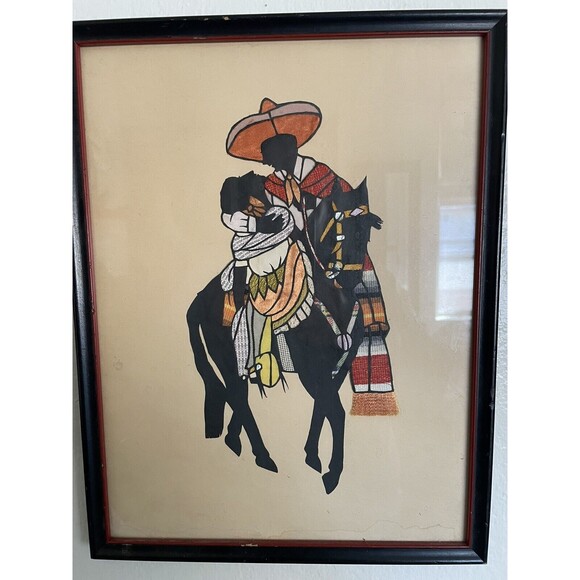 Vintage Antique Hand Cut Papercut Silhouette Man Woman Horse Mexican
